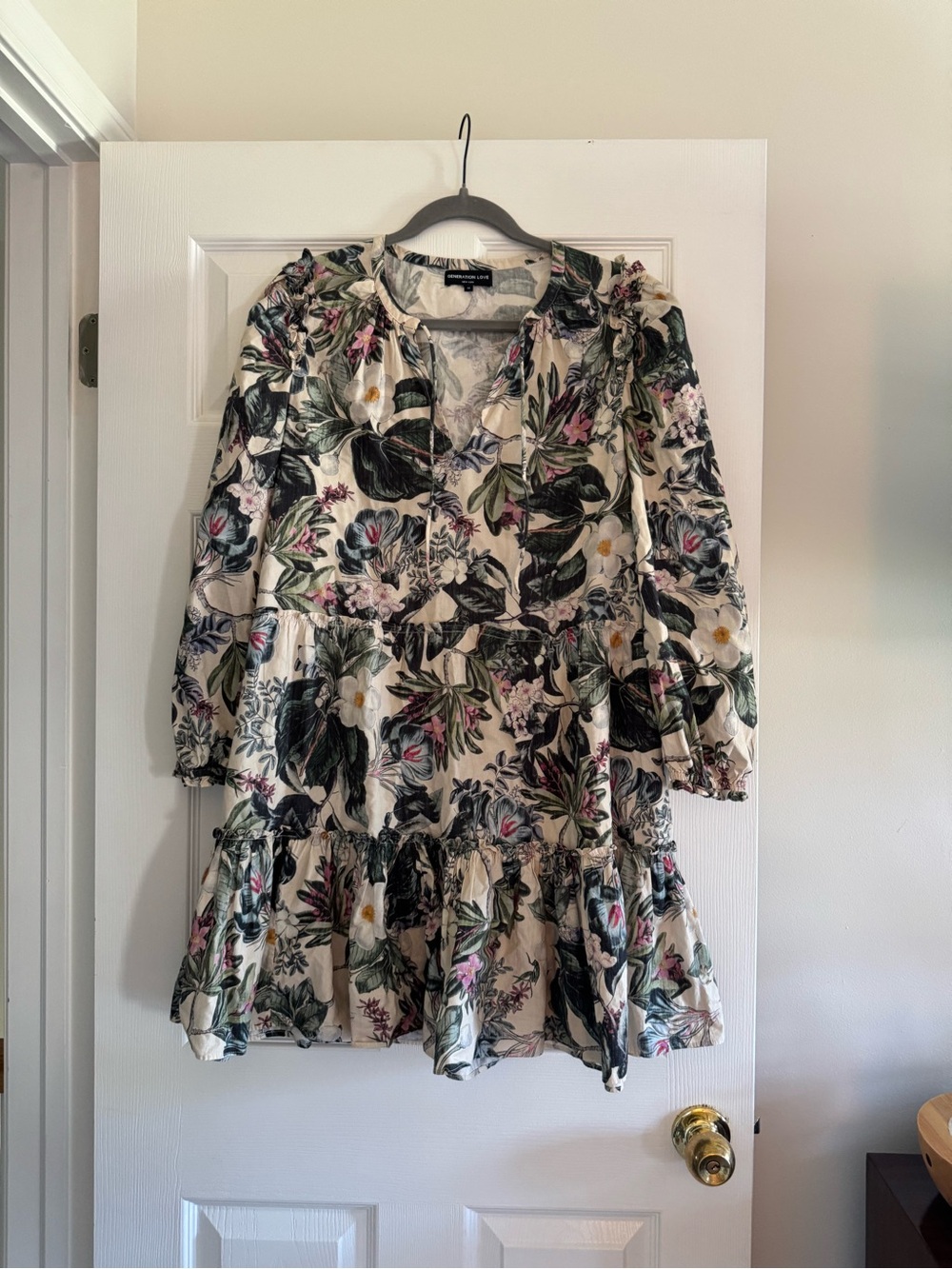 Generation Love Floral Mini Dress in Cream with Green and Pink Accents